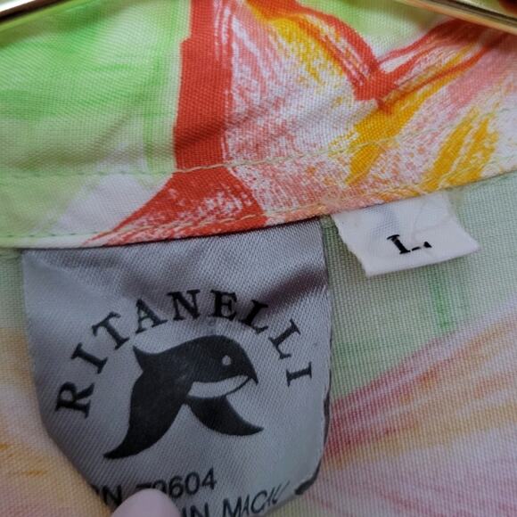 Ritanelli Shirt Sz L Retro Beachy Core Button Front Green Pink Starfish Print - Picture 4 of 6